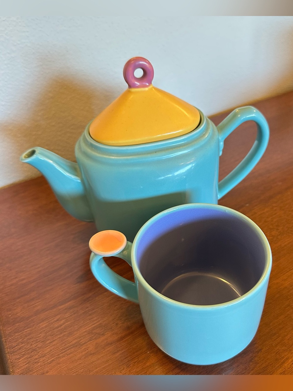 Lindt-Stymeist Ceramic Teapot and Mug Set Turquoise, Yellow, Periwinkle & Rose
